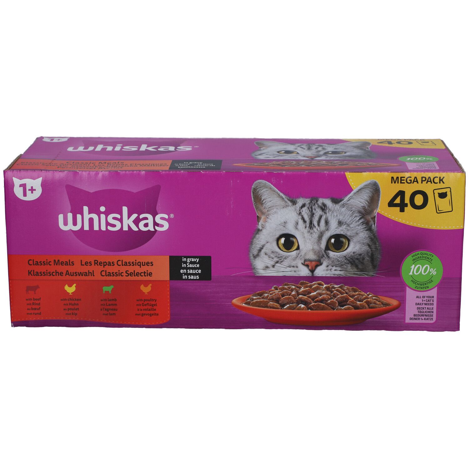 Whiskas 1+ kattenvoer verpakking. Roze verpakking met kattenafbeelding en productinformatie. Bevat 40 zakjes.