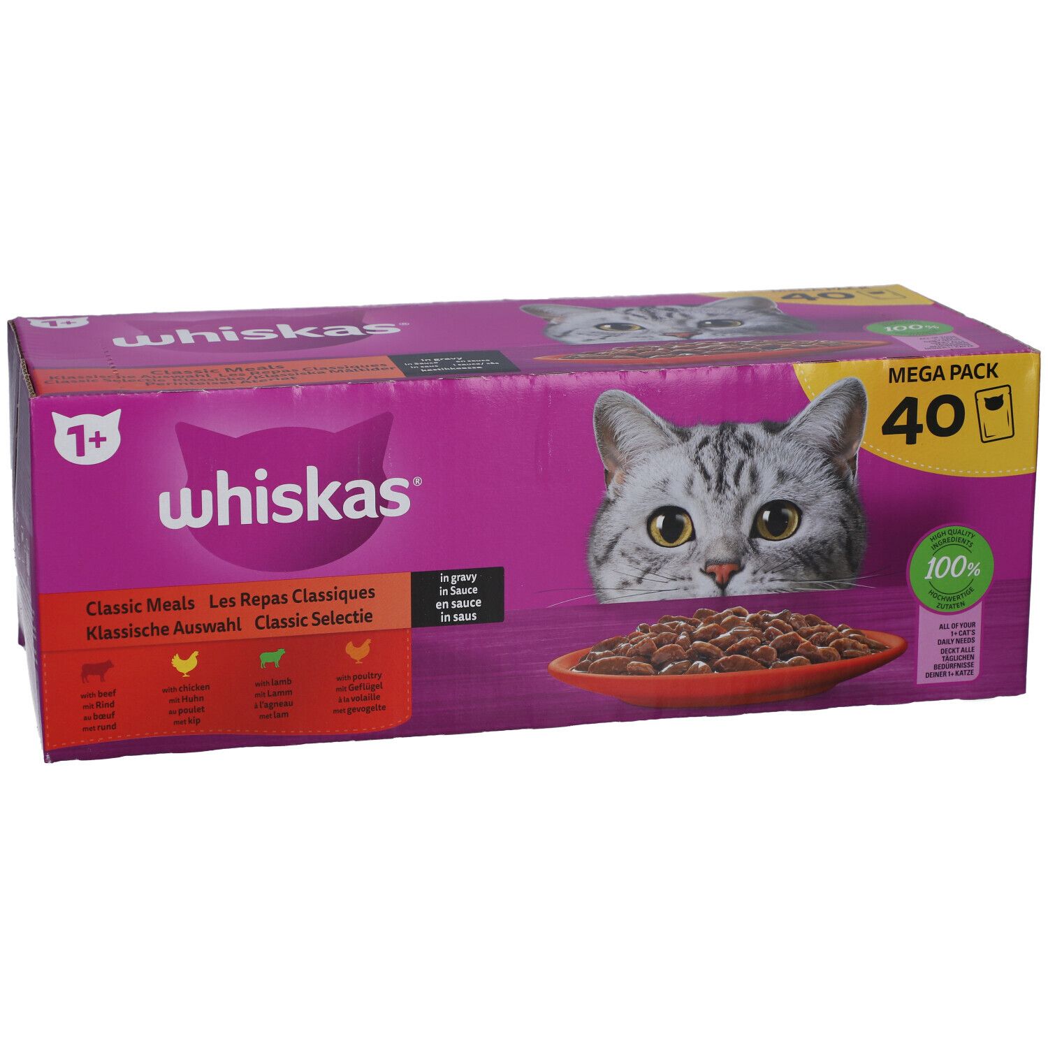 Whiskas 1+ kattenvoer verpakking. Roze verpakking met kattenafbeelding en productinformatie. Bevat 40 zakjes.