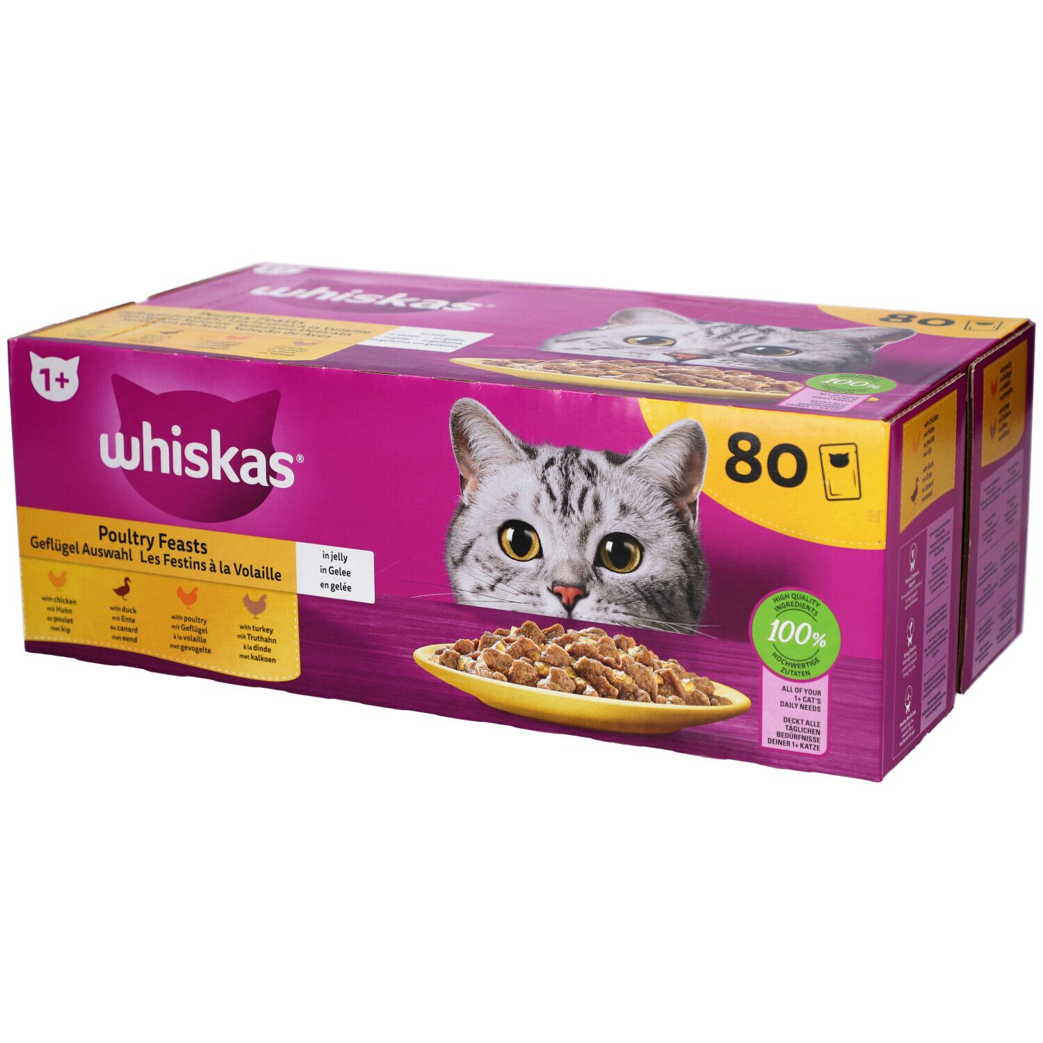 Boîte rose Whiskas avec chat et nourriture. Texte: Poultry Feasts, 80 sachets. 1+ âge. 100% complet.