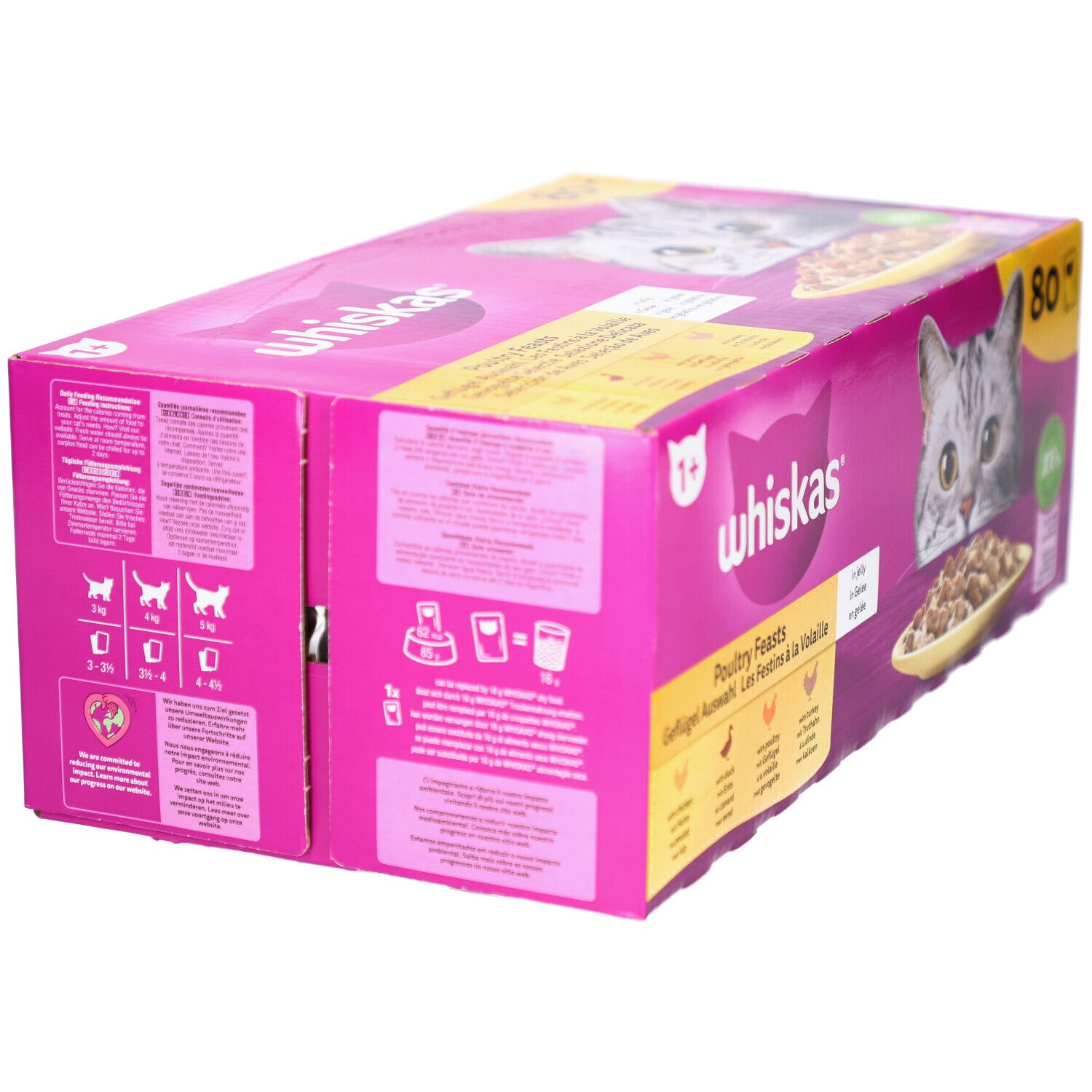 Dos de la boîte rose Whiskas. Texte: recommandations d'alimentation, ingrédients. Images de chats. Logo: Whiskas.