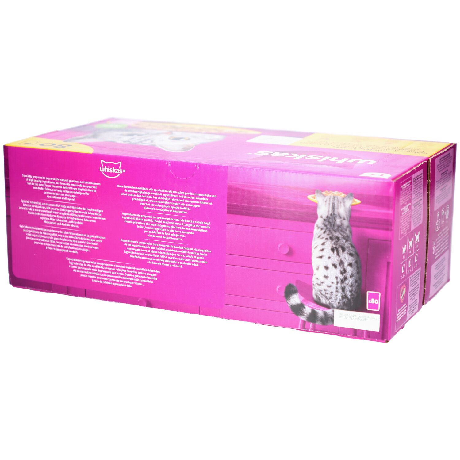 Boîte Whiskas rose, vue latérale. Chat sur l'emballage. Logo: Whiskas. Texte: Poultry Feasts.