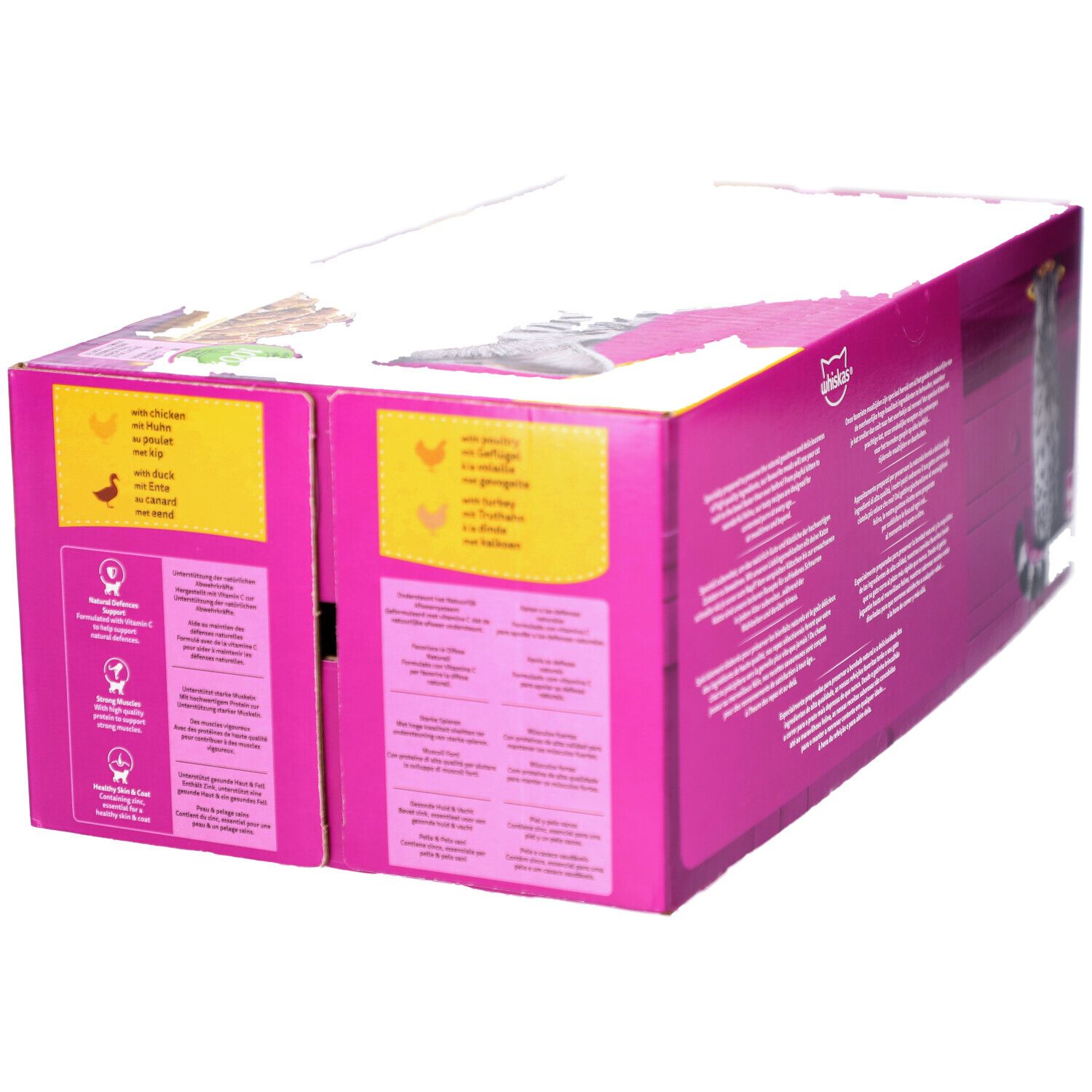 Vue latérale de la boîte Whiskas rose. Texte: recommandations d'alimentation, certifications. Logo: Whiskas.