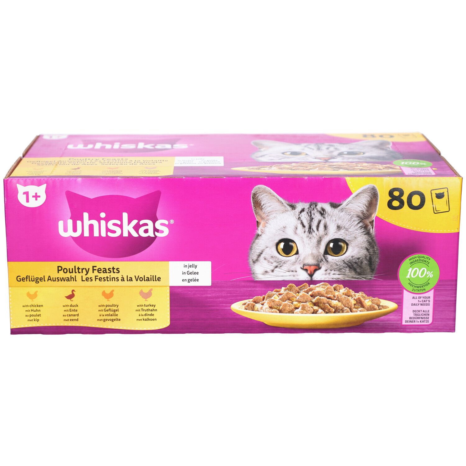 Boîte rose Whiskas avec chat et nourriture. Texte: Poultry Feasts, 80 sachets. 1+ âge. 100% complet.