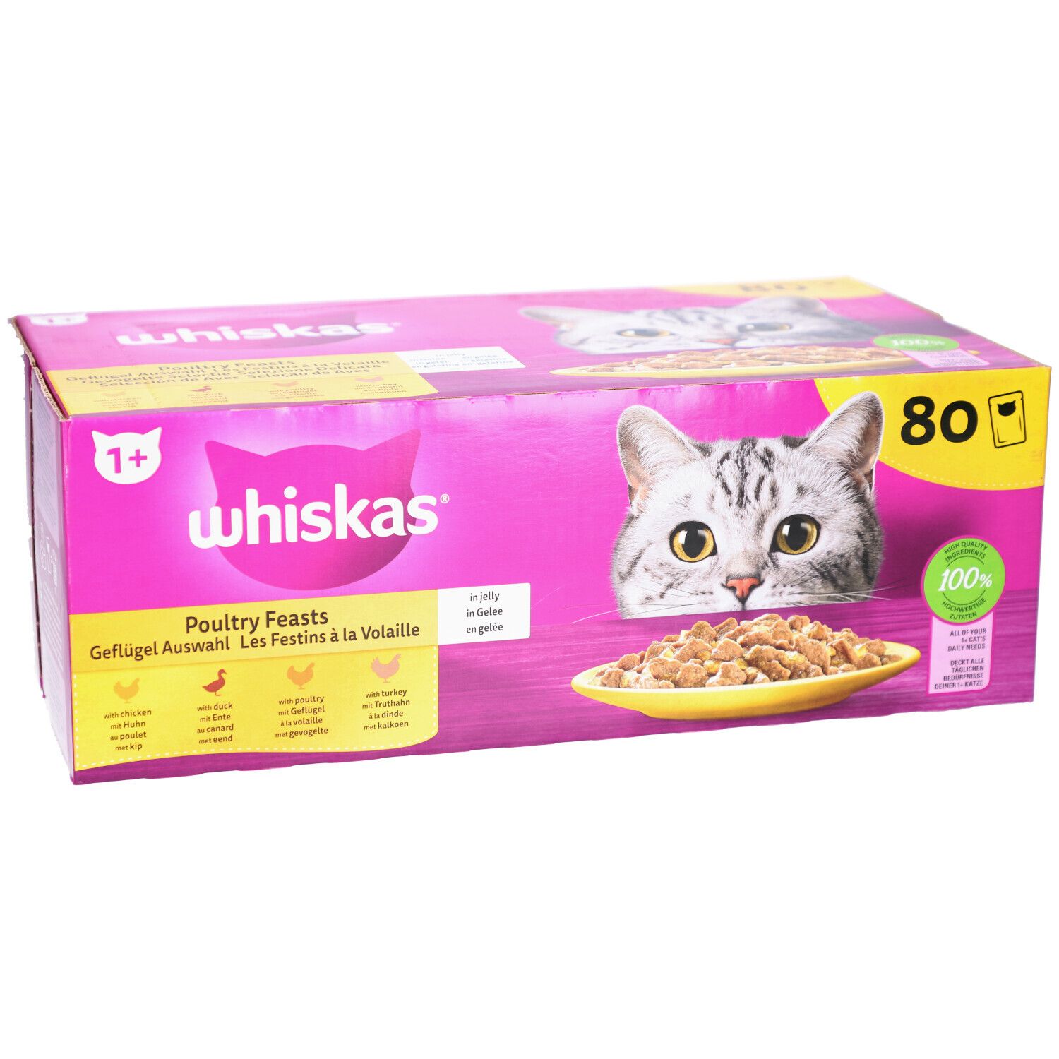 Boîte rose Whiskas avec chat et nourriture. Texte: Poultry Feasts, 80 sachets. 1+ âge. 100% complet.