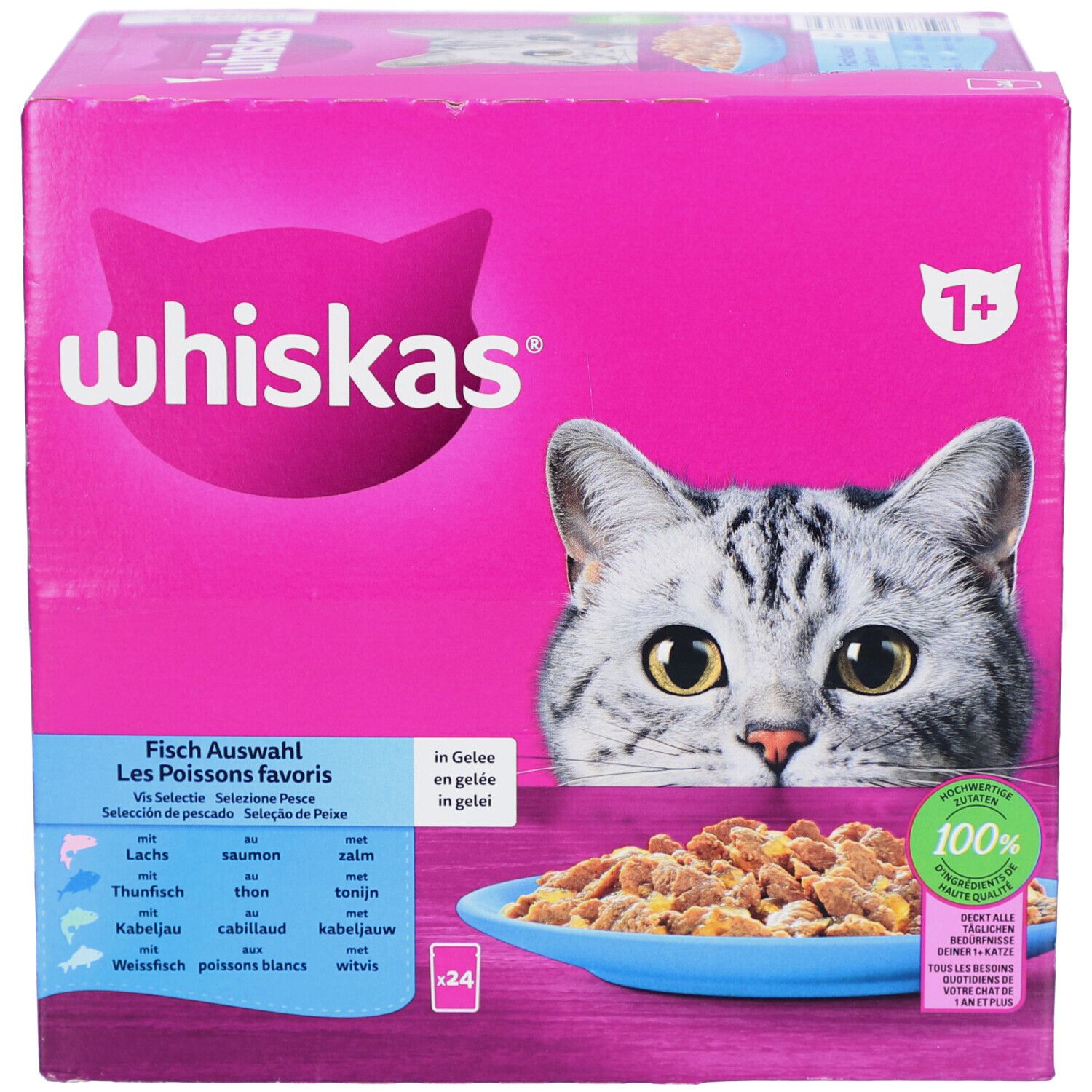 Boîte rose Whiskas avec logo et photo de chat. Sélection de poissons en gelée. 100% complet. 24 sachets.