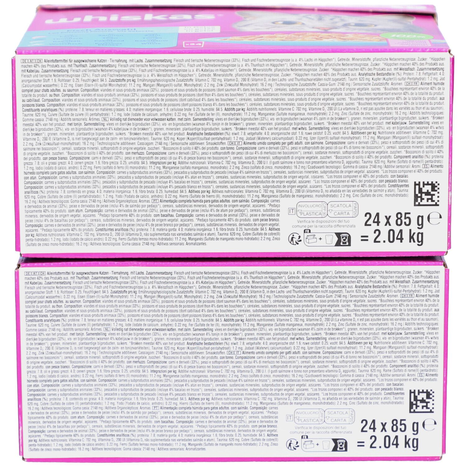 Deux boîtes empilées avec informations produit Whiskas. Texte multilingue. 24 x 85g = 2.04 kg.