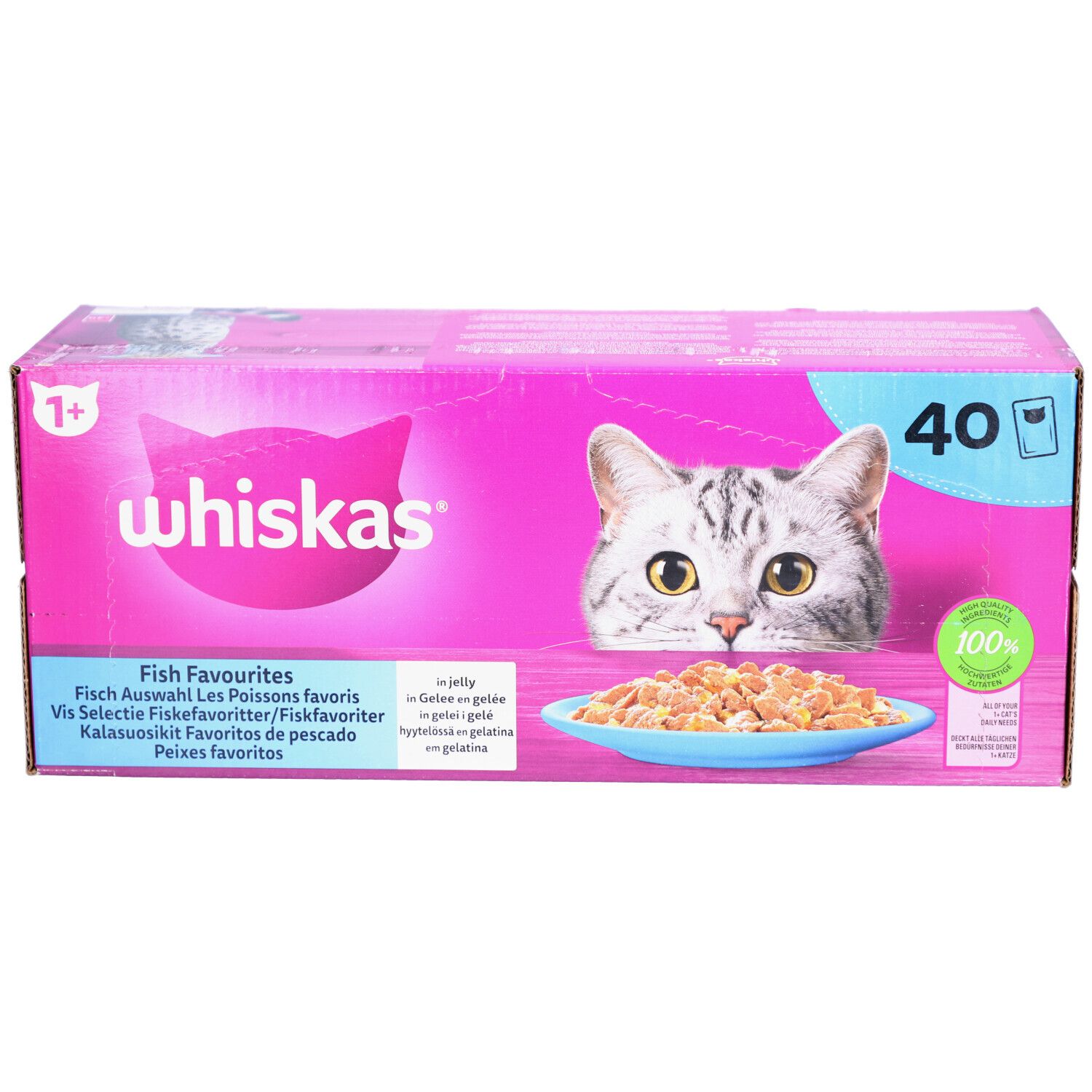 Boîte rose Whiskas avec logo et chat. Contient 40 sachets Fish Favourites. Indication d'âge 1+.