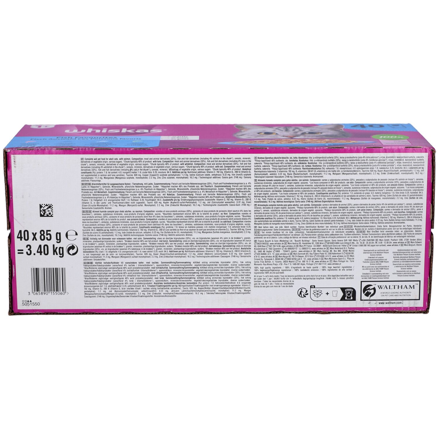 Dos de la boîte Whiskas. Contient du texte, un code QR, des indications de poids et le logo Waltham.