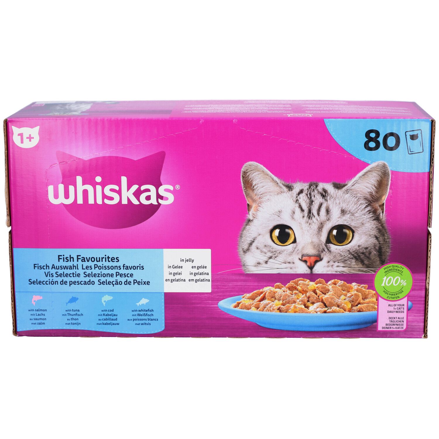 Boîte rose "whiskas" avec chat et nourriture. "Fish Favorites" en plusieurs langues. 80 sachets, 100% complet.