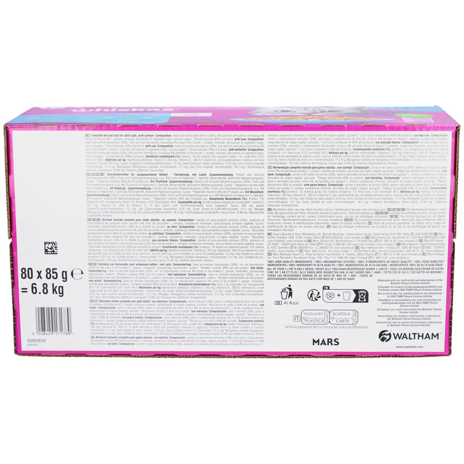 Dos de la boîte "whiskas". Texte multilingue. 80 x 85 g = 6,8 kg. Logos Mars et Waltham.