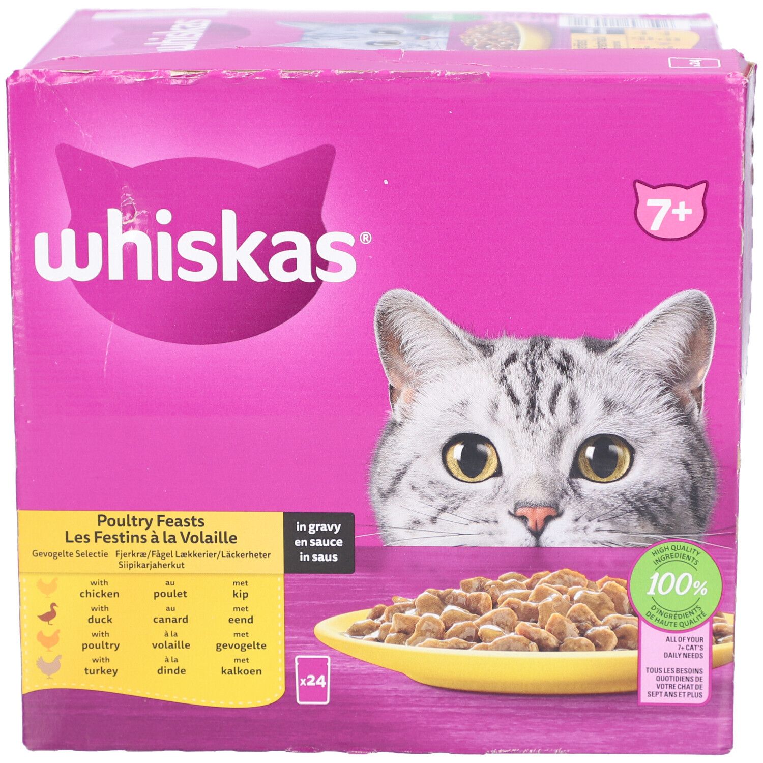 Boîte rose "Whiskas" avec chat. Contient des croquettes. Texte : "7+" et "Poultry Feasts". Assiette de nourriture visible.