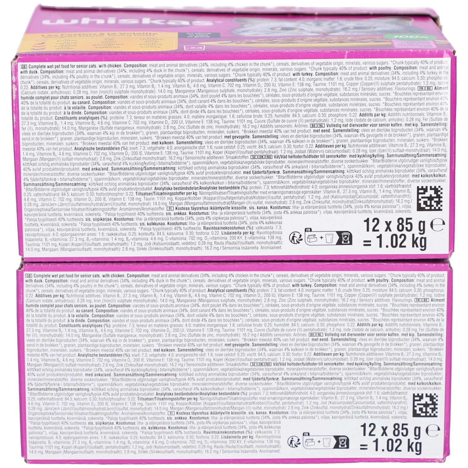 Deux boîtes roses avec texte et informations nutritionnelles. Chaque paquet contient 12 sachets de 85g, poids total 1,02 kg.