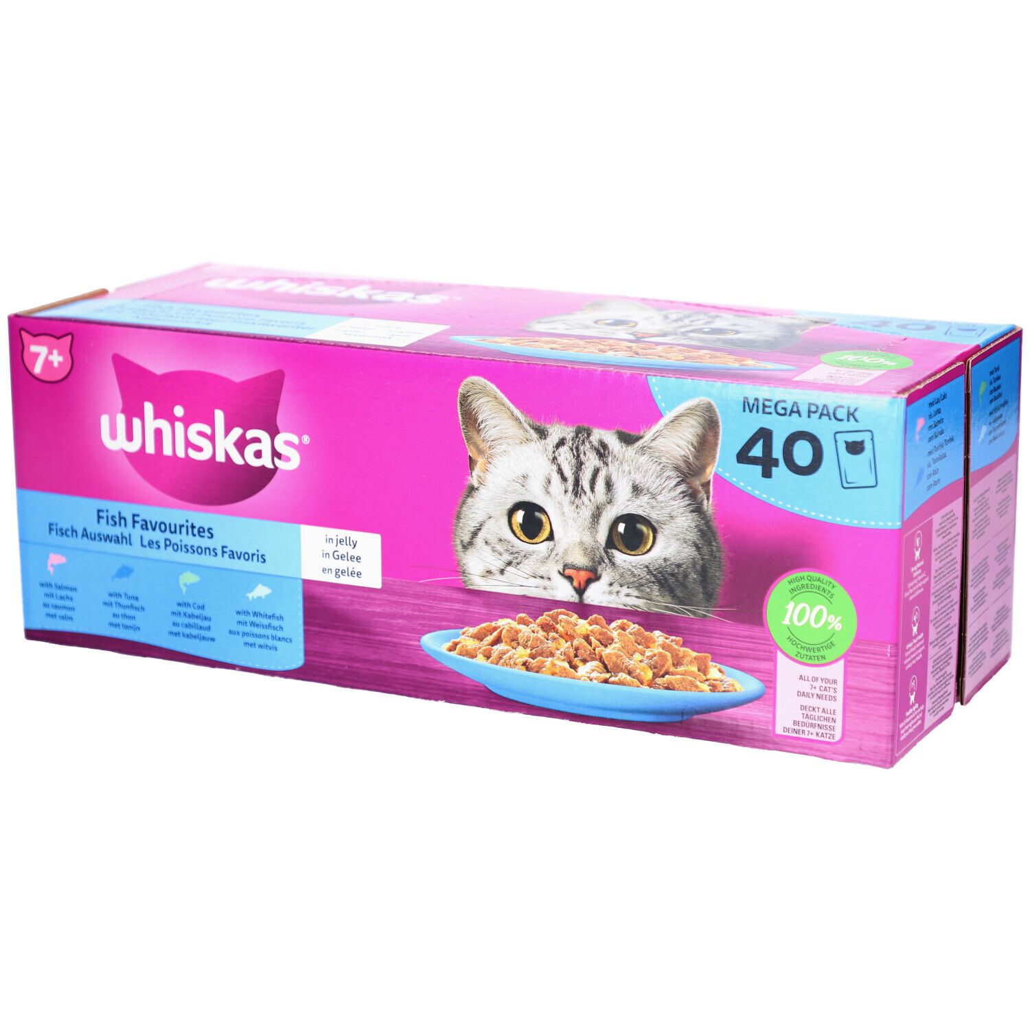 Verpakking van Whiskas 7+ Fish Favourites. Roze doos met kattenafbeelding en productinformatie. Bevat 40 zakjes.