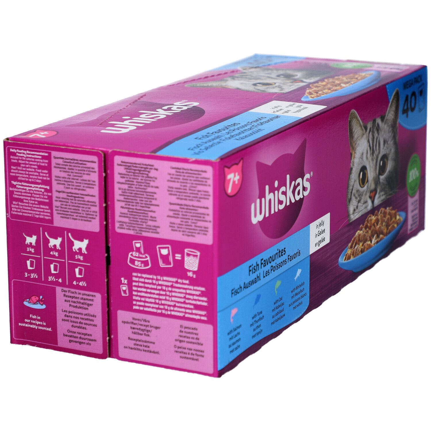 Zijaanzicht van de Whiskas 7+ Fish Favourites verpakking. Roze doos met productinformatie en kattenafbeelding. Bevat 40 zakjes.