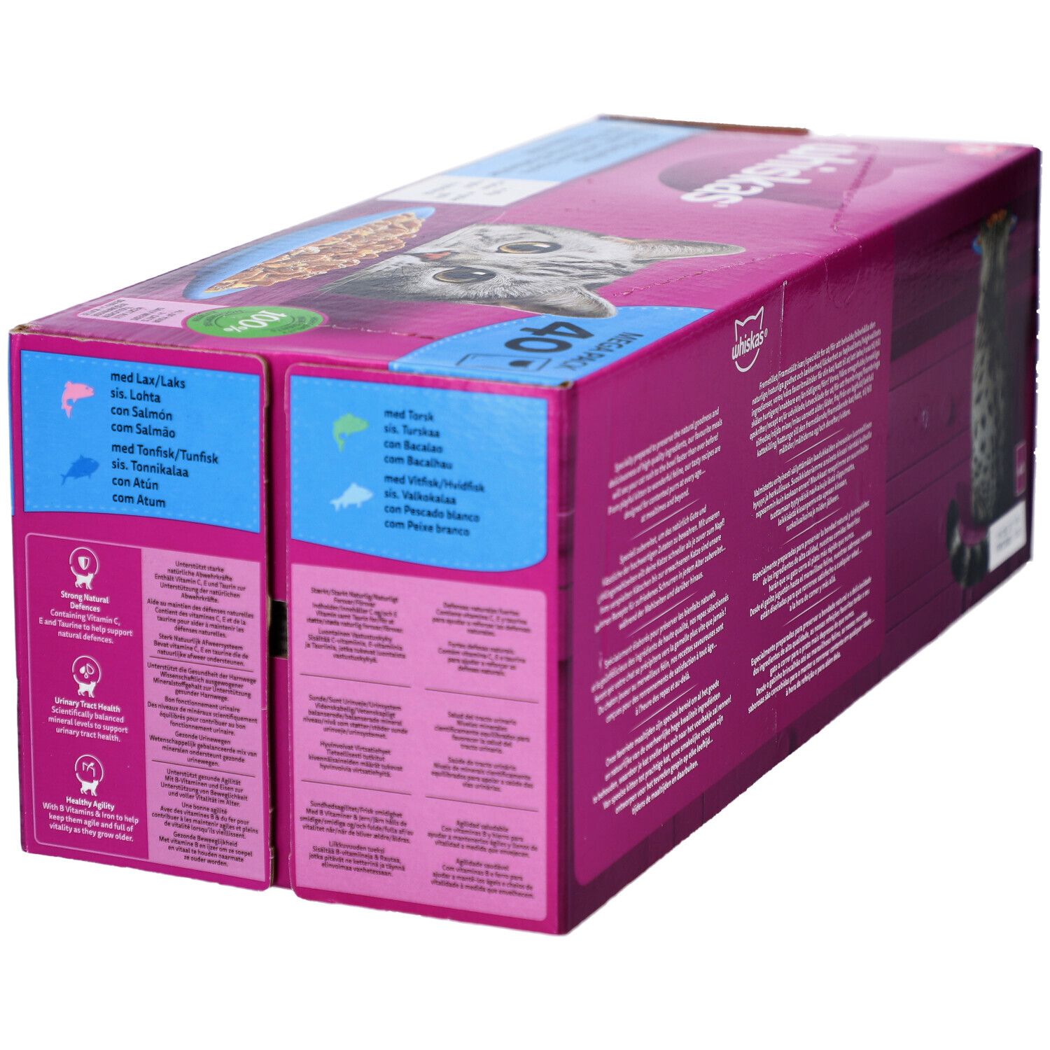 Zijaanzicht van de Whiskas 7+ Fish Favourites verpakking. Roze doos met productinformatie en kattenafbeelding. Bevat 40 zakjes.