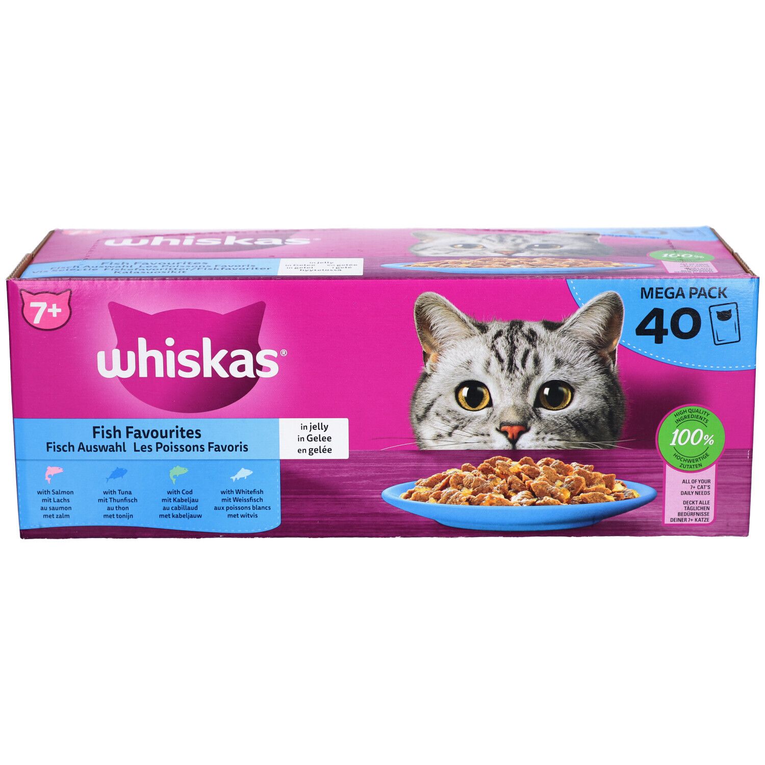 Whiskas 7+ Fish Favourites verpakking. Roze doos met kattenafbeelding en productinformatie. Bevat 40 zakjes.