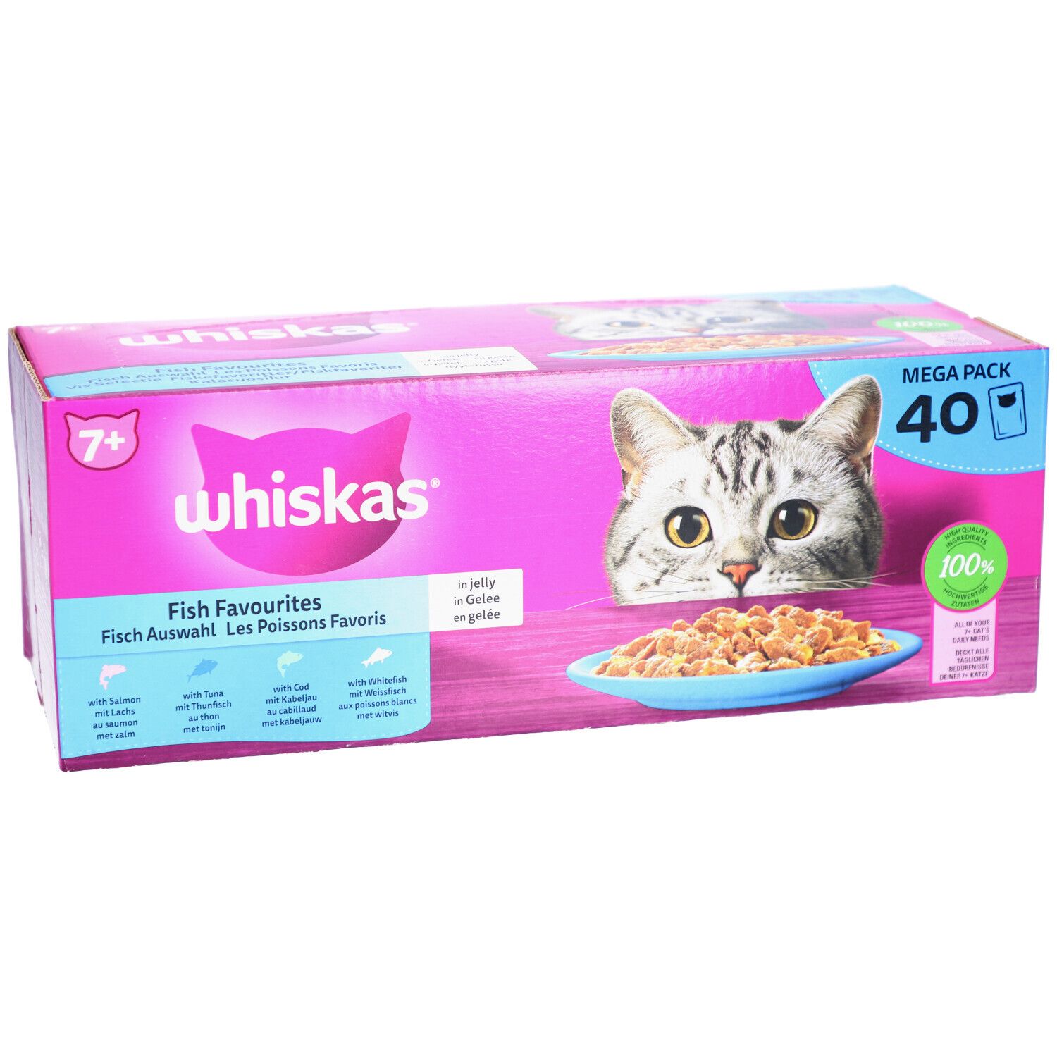 Whiskas 7+ Fish Favourites verpakking. Roze doos met kattenafbeelding en productinformatie. Bevat 40 zakjes.