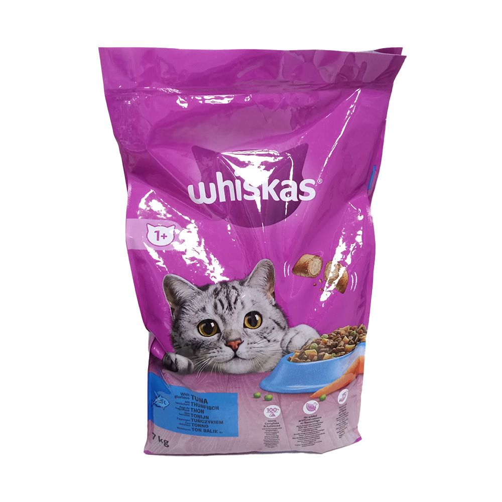 Paarse Whiskas-verpakking. Opdruk: kat, voer, 1+. Tekst: Tonijnkroketten. Whiskas-logo. Inhoud: droogvoer.