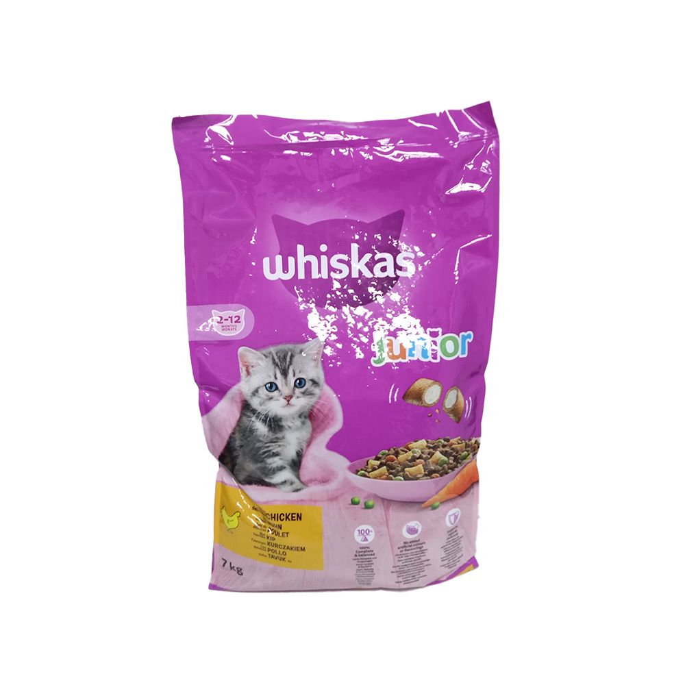 Verpakking Whiskas Junior droogvoer. Afbeelding van een kitten en voer. 7 kg.