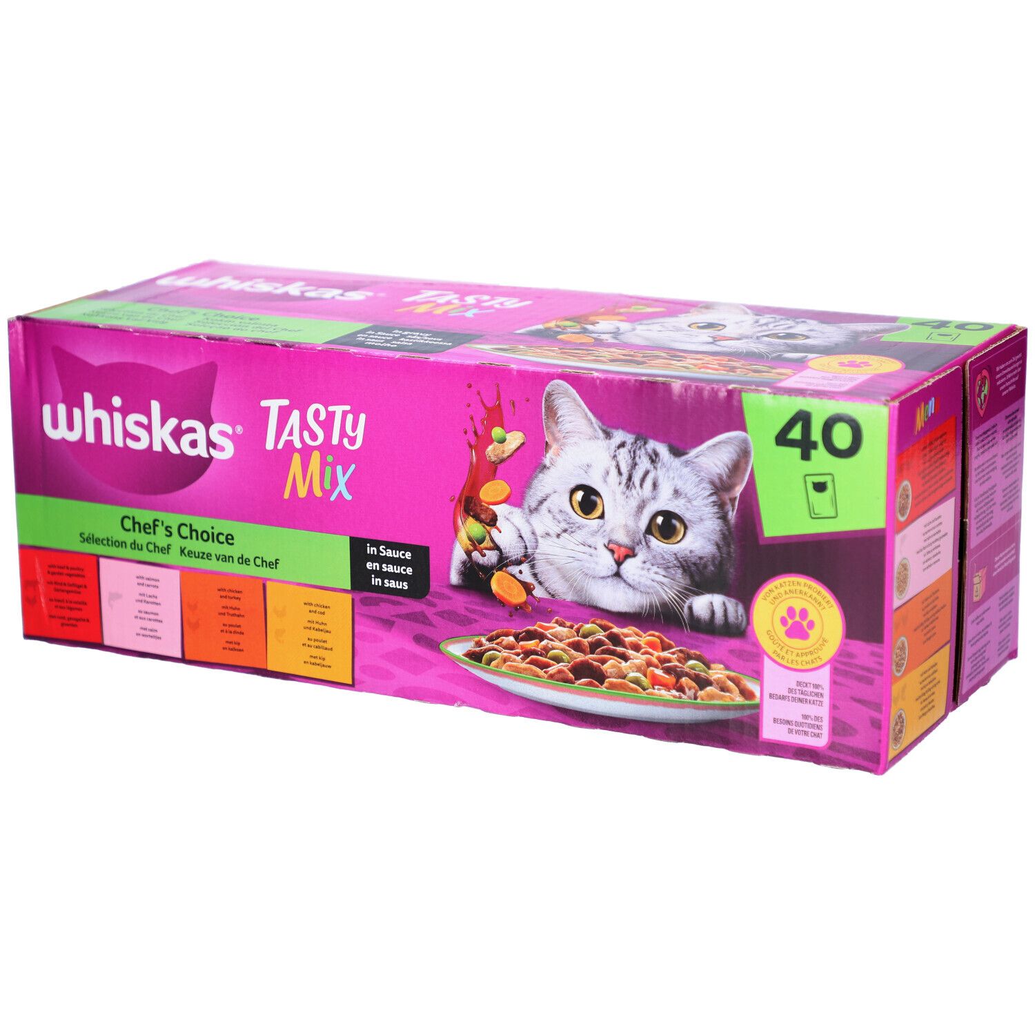 Grand carton WHISKAS Tasty Mix. Emballage rose avec chat et nourriture. Inscription 'Chef's Choice'. Contient 40 sachets.
