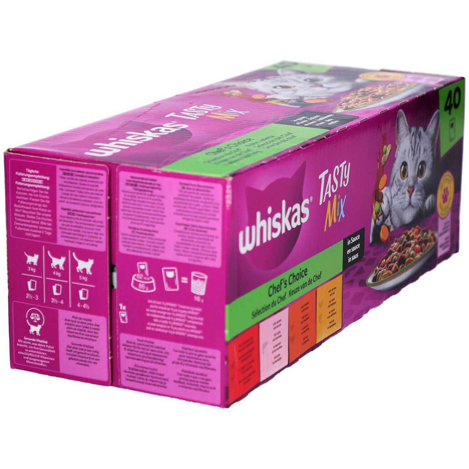 Vue latérale du carton WHISKAS Tasty Mix. Emballage rose avec texte et illustrations. Contient des informations sur le produit.