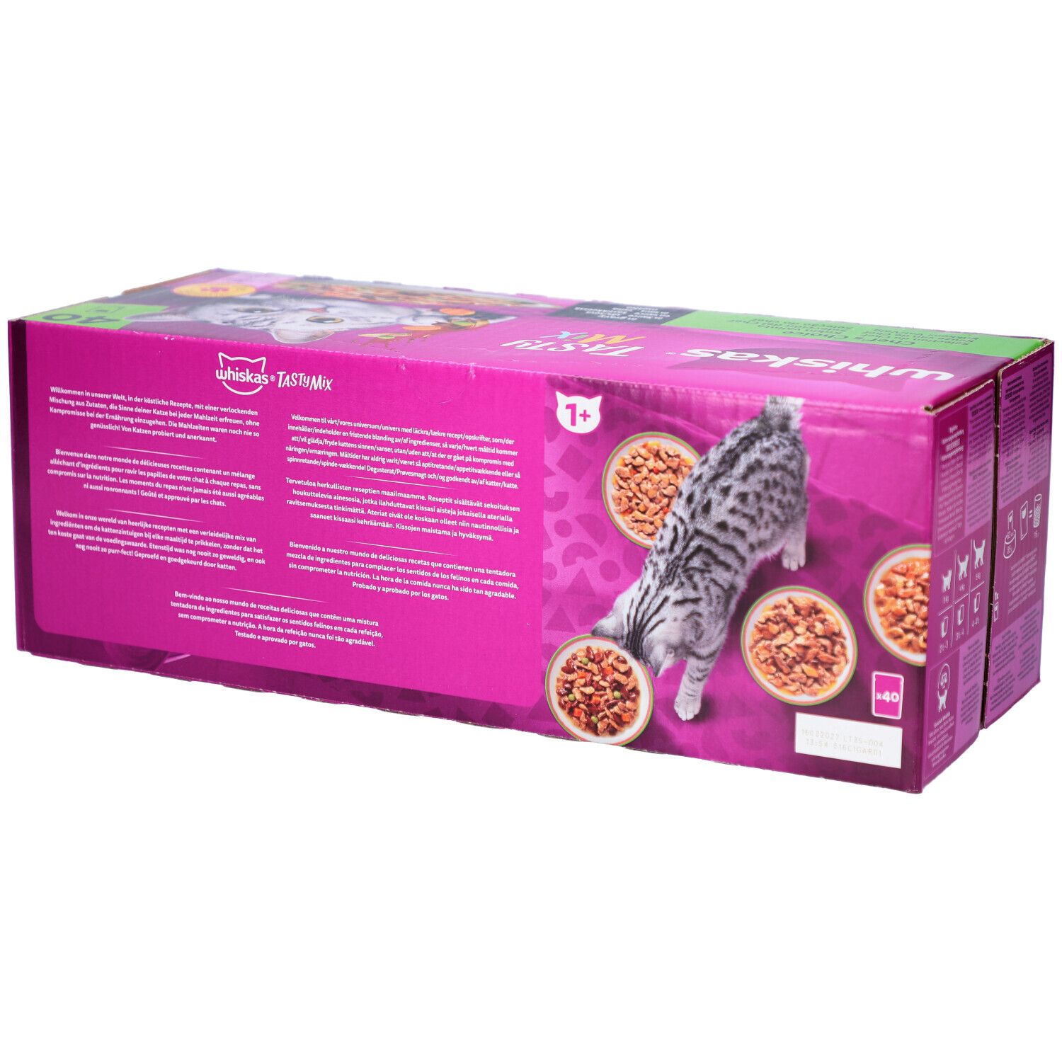 Dos du carton WHISKAS Tasty Mix. Emballage rose avec chat et nourriture. Contient des informations sur le produit et le logo.
