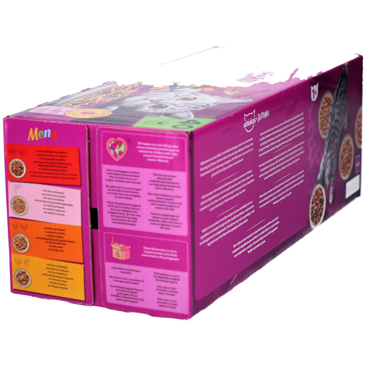 Vue latérale du carton WHISKAS Tasty Mix. Emballage rose avec texte et illustrations. Contient des informations.