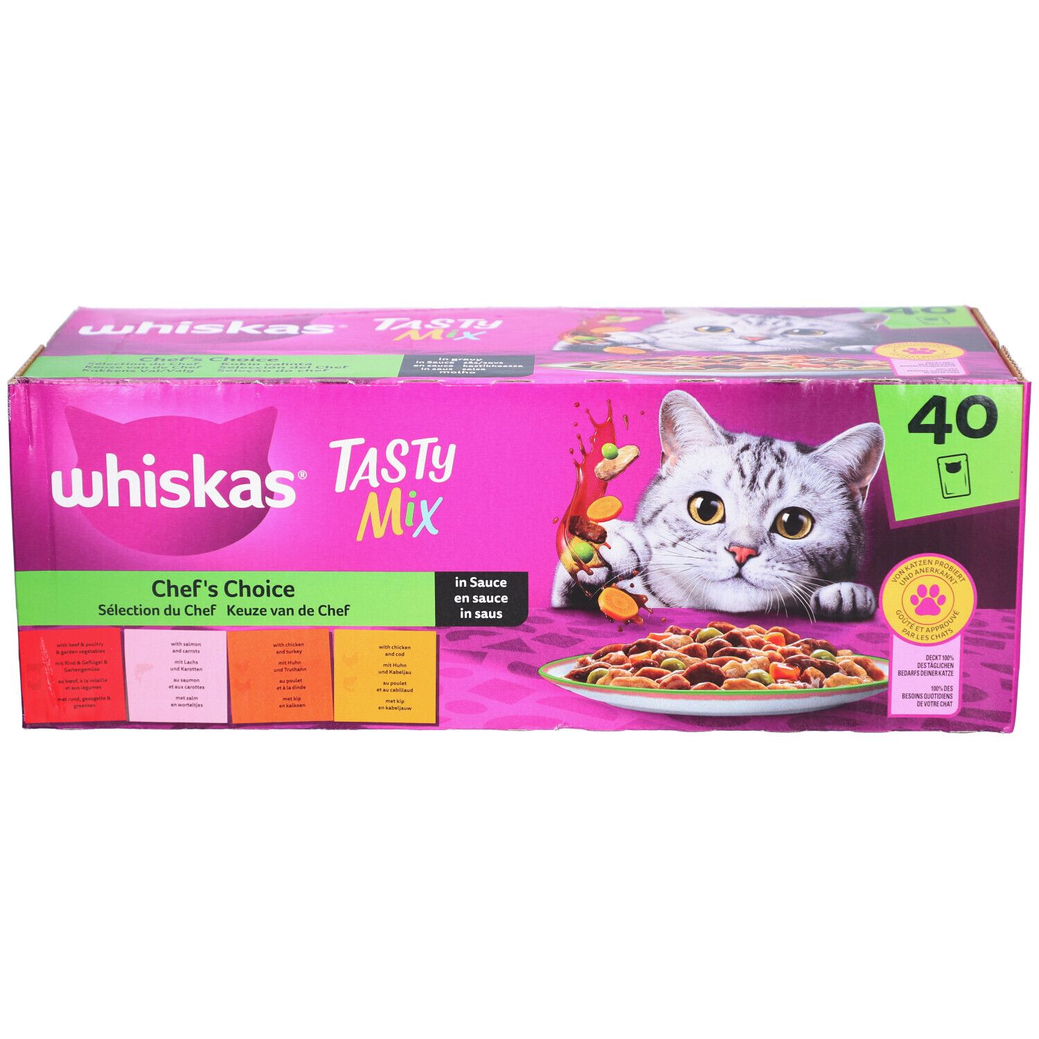 Carton WHISKAS Tasty Mix. Emballage rose avec chat et nourriture. Inscription 'Chef's Choice'. Contient 40 sachets.