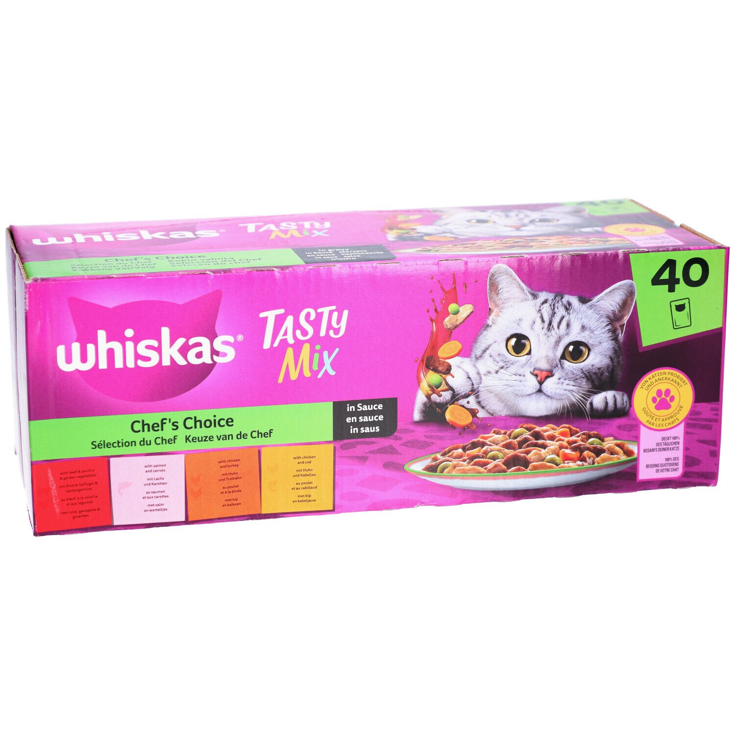 Carton WHISKAS Tasty Mix. Emballage rose avec chat et nourriture. Inscription 'Chef's Choice'. Contient 40 sachets.