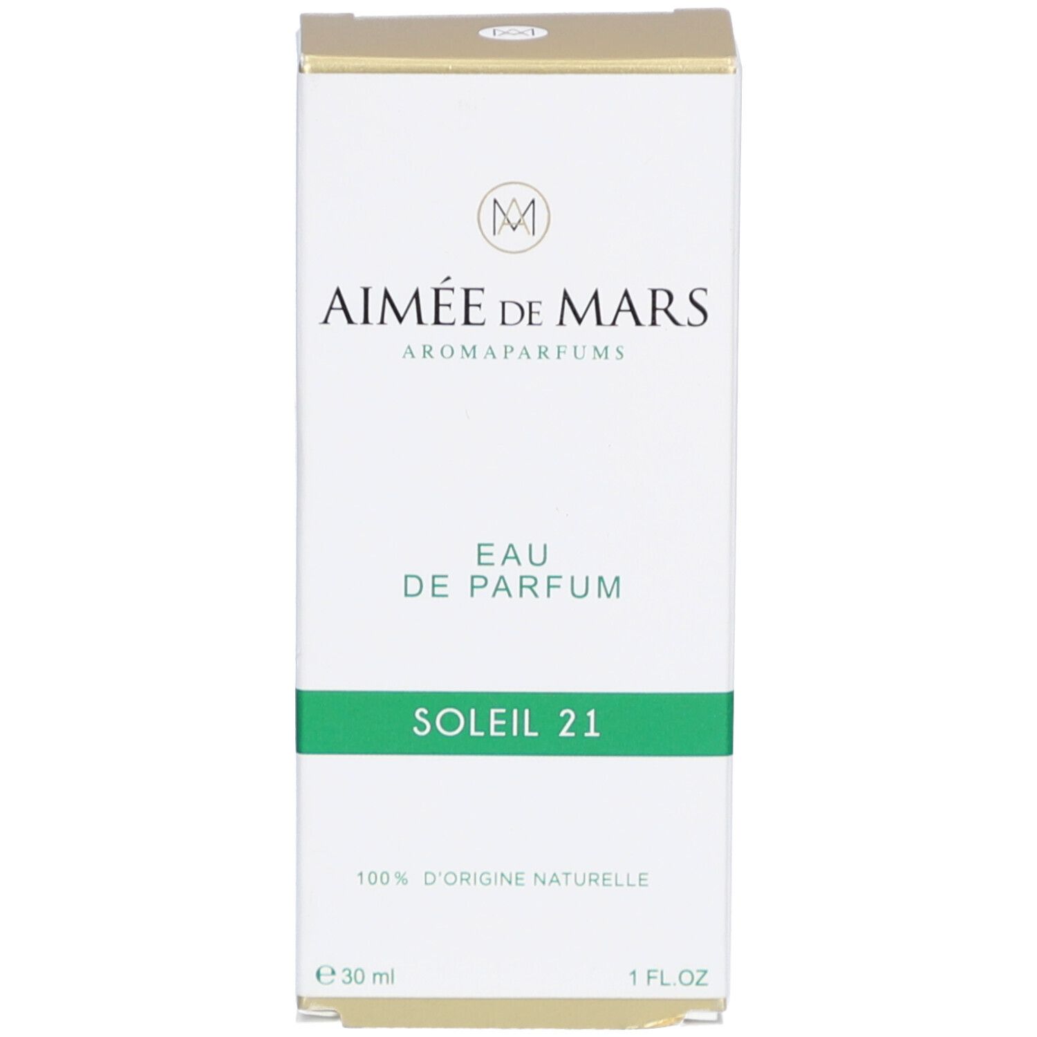 Emballage carton. Inscription: AIMÉE DE MARS, EAU DE PARFUM, SOLEIL 21. Logo: M. Certification.