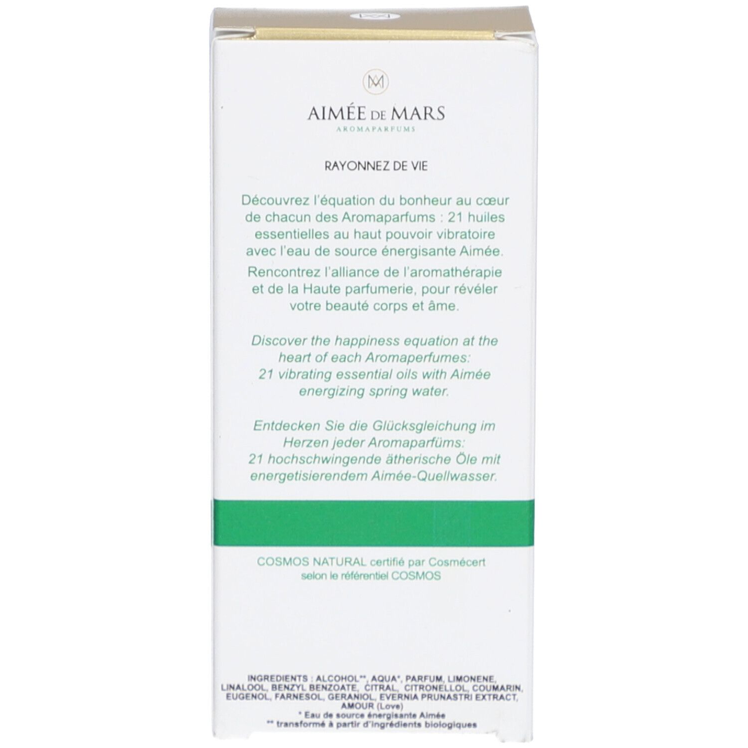 Côté de la boîte avec texte en français et allemand. Certification COSMOS NATURAL. Liste des ingrédients.