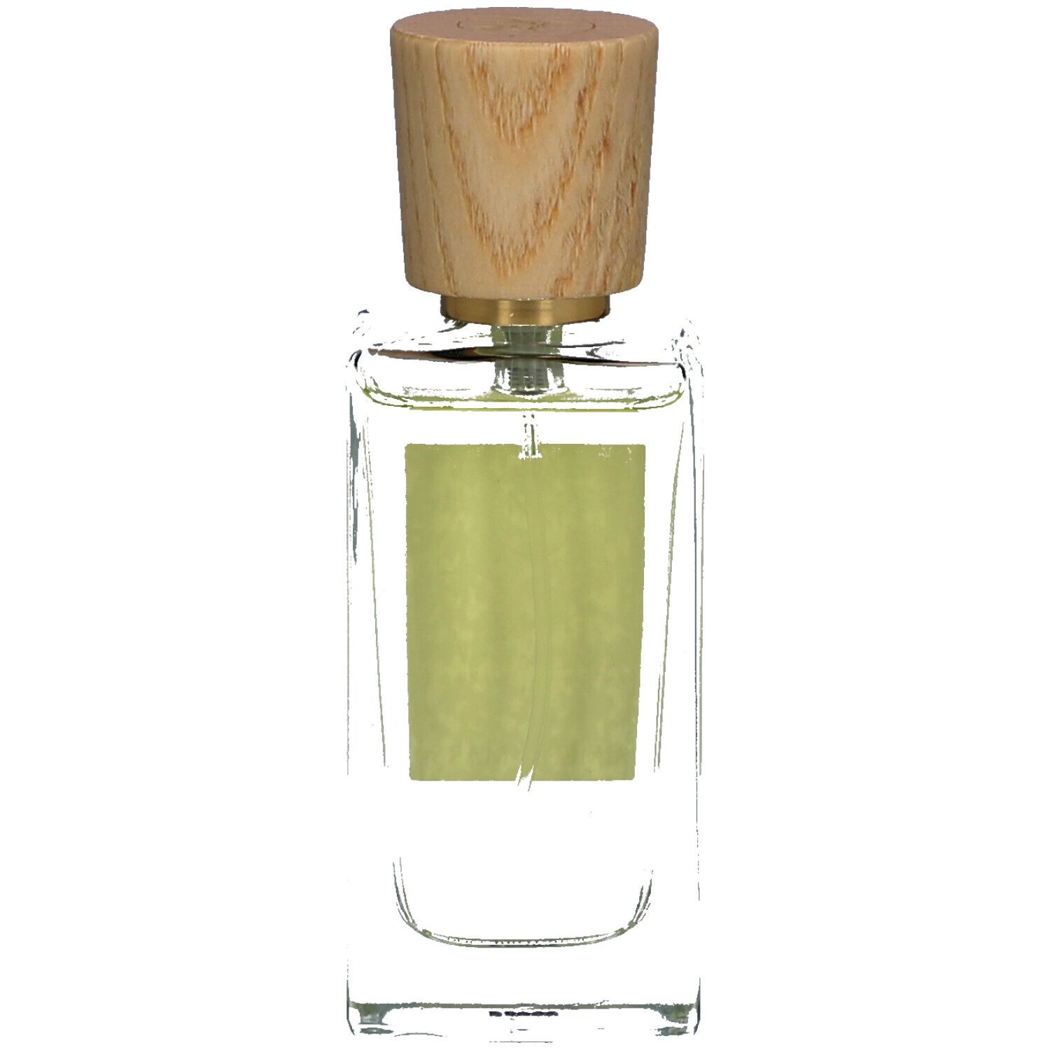 Glazen fles met houten dop. Etiket met groene achtergrond. Vloeistof in de fles.