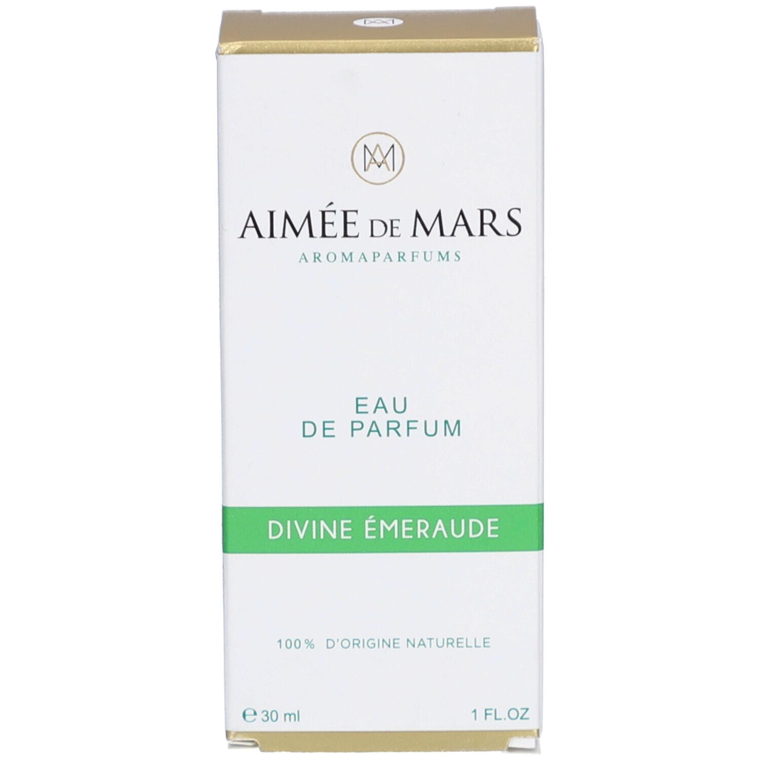 Witte verpakking. Logo, tekst 'Aimée de Mars' en 'Divine Émeraude'. Groene lijn. Tekst: '100% d'origine naturelle'.