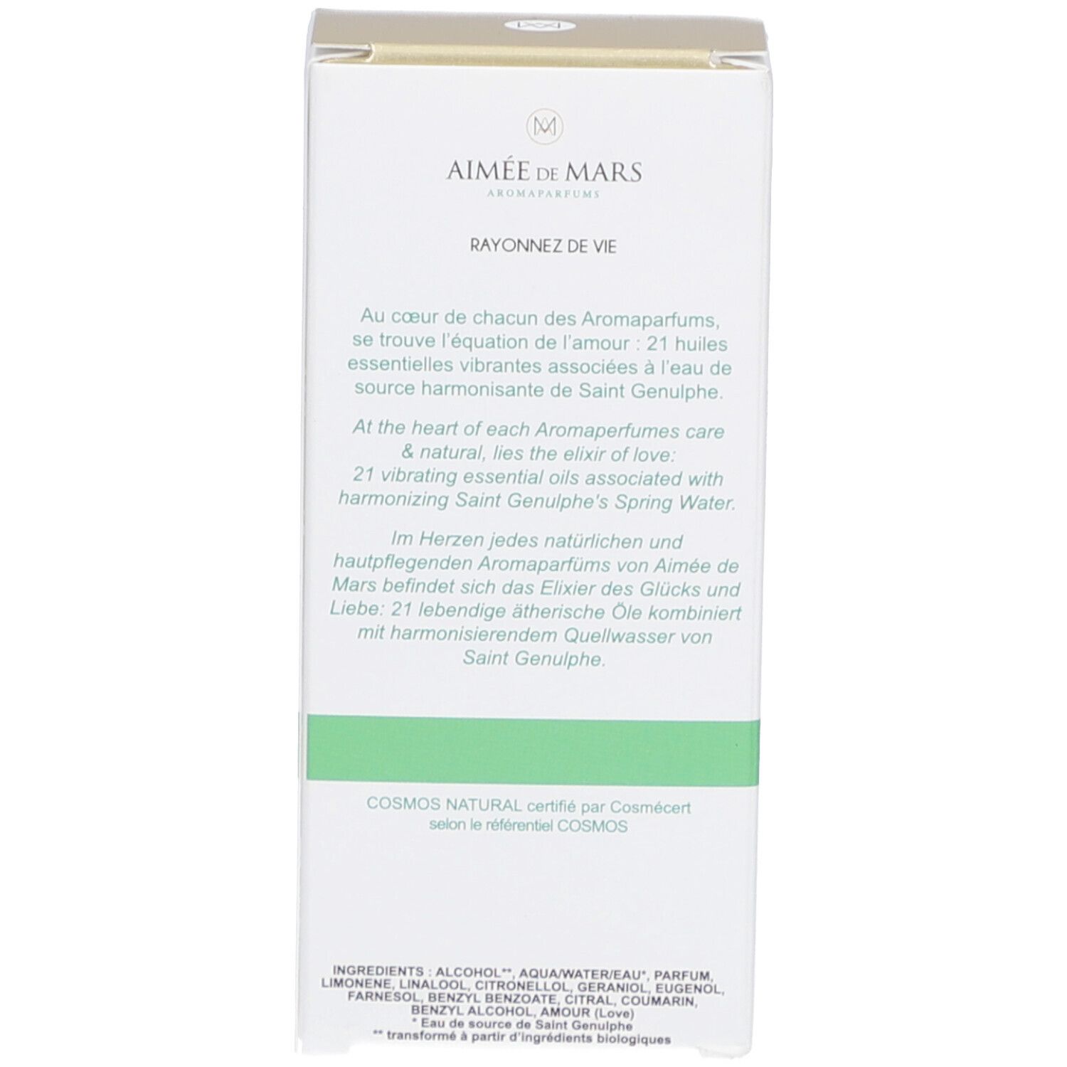 Zijkant van de verpakking. Tekst over ingrediënten en certificering 'Cosmos Natural'. Groene lijn.