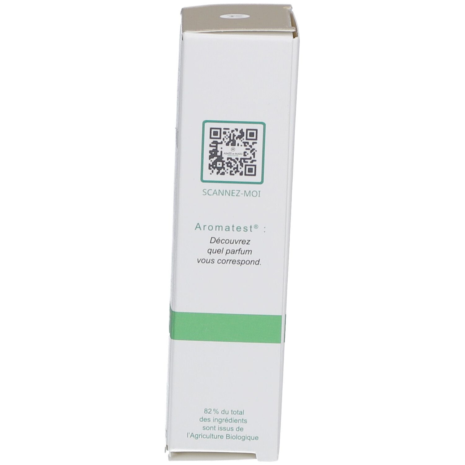 Zijkant van de verpakking. QR-code en tekst 'Scannez-moi'. Tekst: '82 % du total des ingrédients sont issus de l'Agriculture Biologique'.