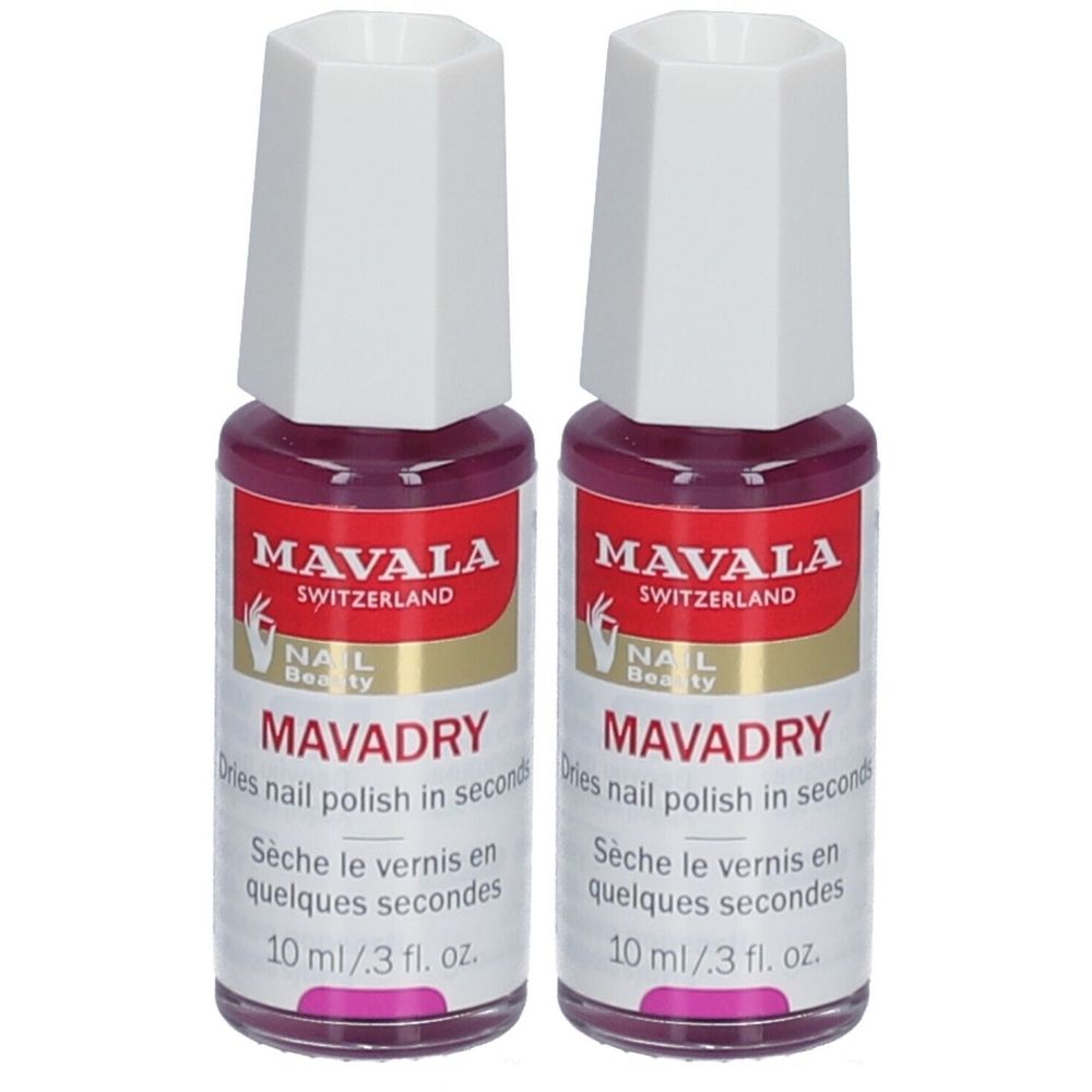 Deux flacons de vernis à ongles. Inscription: MAVALA, MAVADRY. Bouchon blanc, liquide rouge. 10 ml/.3 fl. oz.