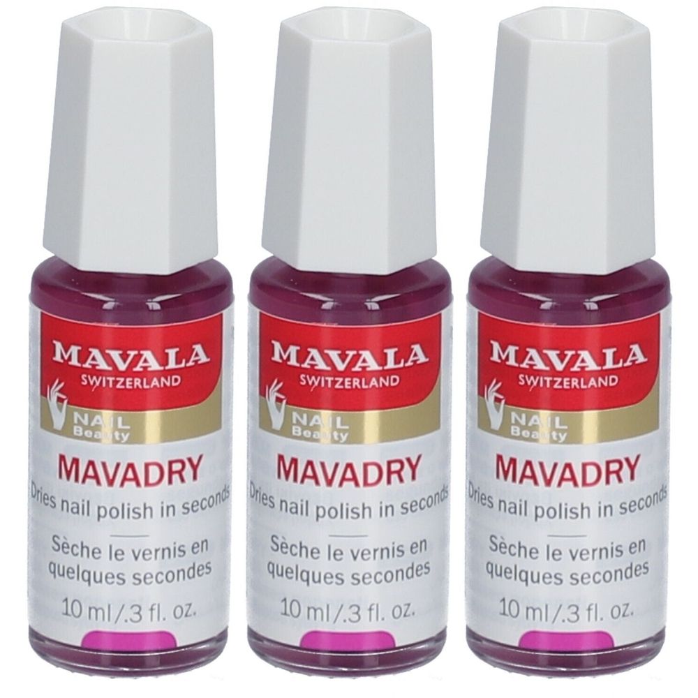 Trois flacons de vernis à ongles. Inscription: MAVALA, MAVADRY. Bouchons blancs, étiquettes rouges avec bord doré. 10 ml.