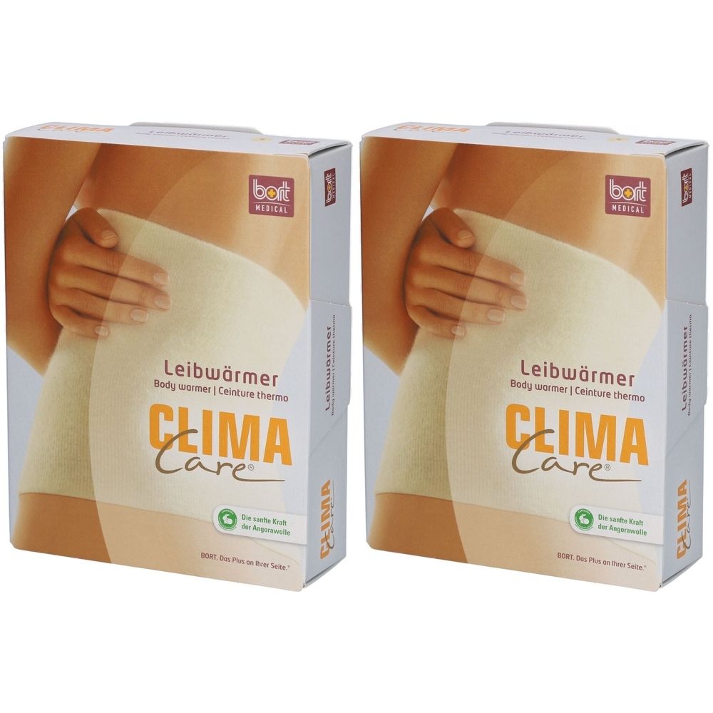 Twee productverpakkingen. Opdruk: CLIMA Care, bodywarmer. Illustratie van een persoon met het product. Merk BORT.