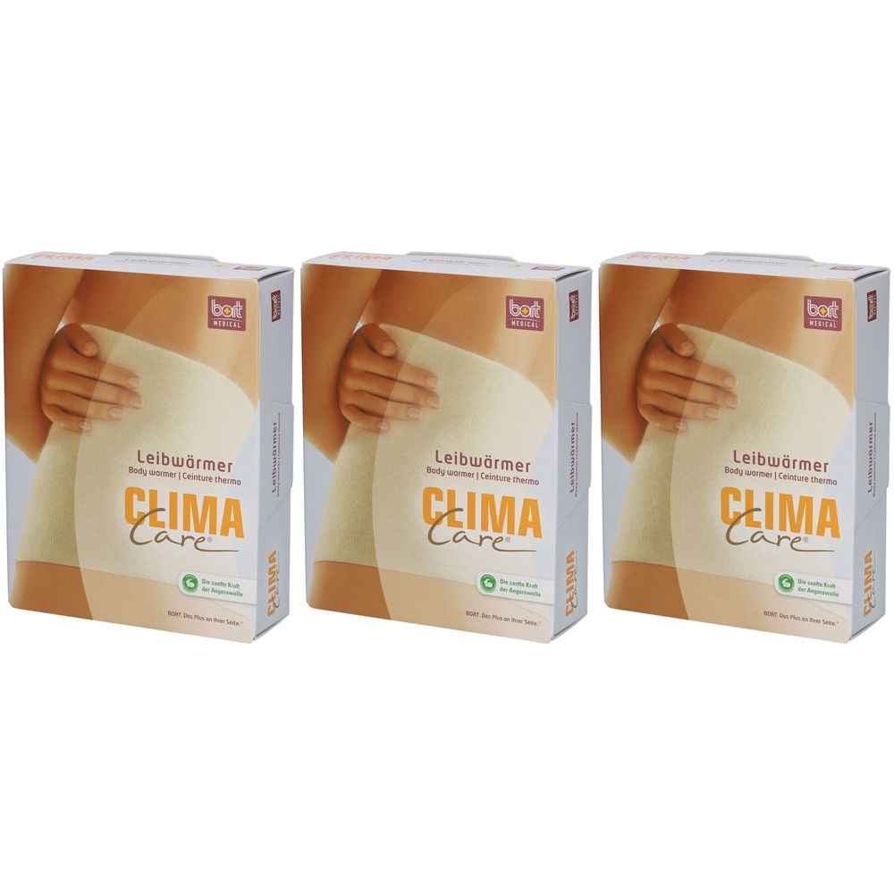 Drie productverpakkingen. Op elke verpakking is een bodywarmer afgebeeld. Opschrift: CLIMA Care, bodywarmer.