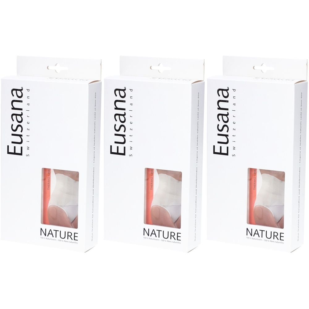 Drie witte productverpakkingen met venster. Opschrift: Eusana Switzerland, NATURE. Thermische gordel zichtbaar.
