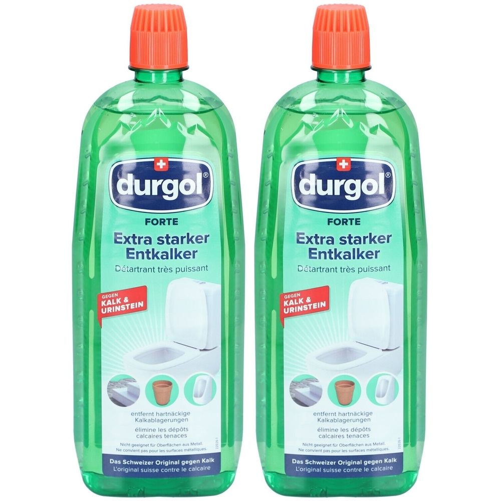 Twee groene flessen met oranje doppen. Opschrift: durgol forte Extra starker Entkalker. Tegen kalk en urinesteen.