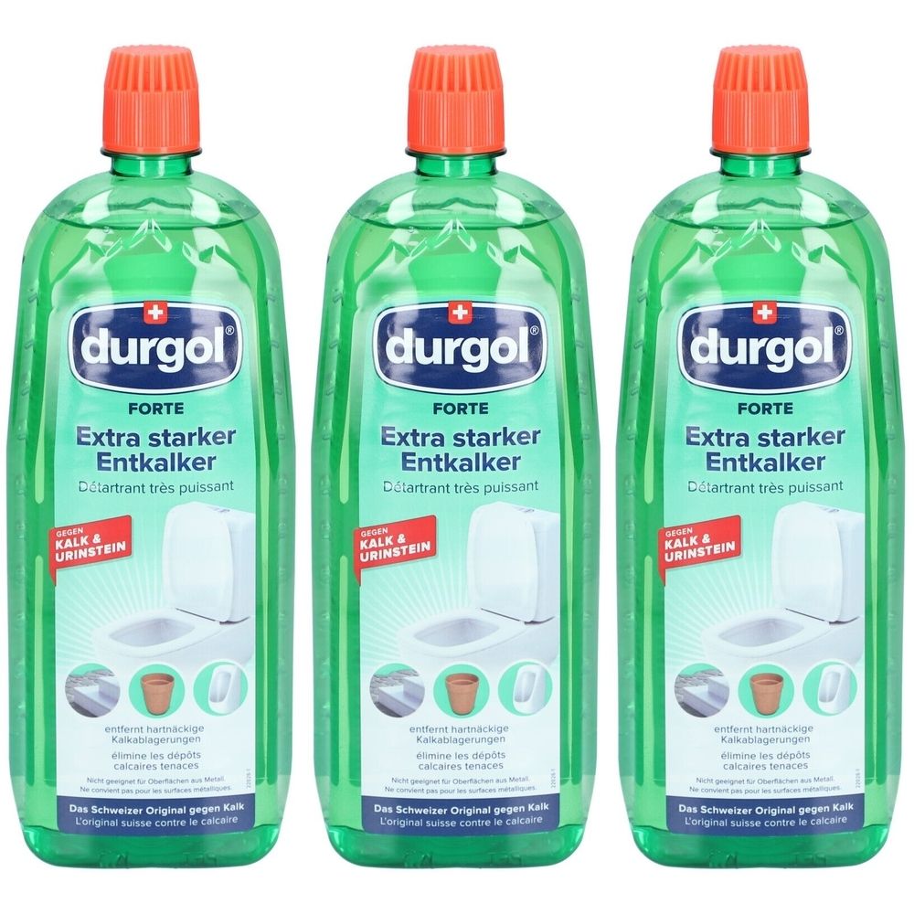 Trois flacons verts avec des bouchons orange. Chaque flacon porte l'inscription "durgol forte Extra starker Entkalker".