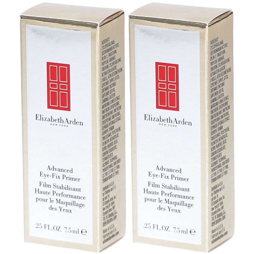 Twee dozen Elizabeth Arden Advanced Eye-Fix Primer. Witte achtergrond, rood logo, gouden bovenkant. Tekst: Film Stabilisant, Haute Performance pour le Maquillage des Yeux.