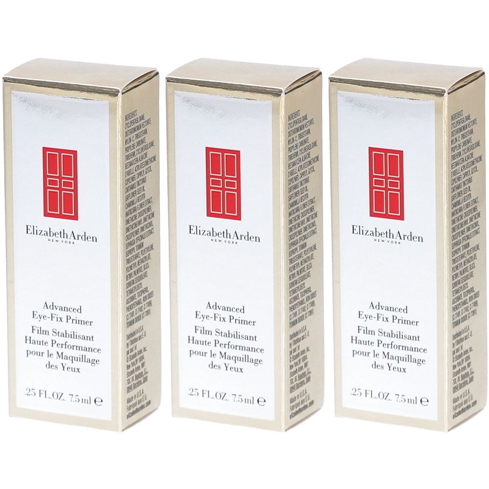 Drie dozen Elizabeth Arden Advanced Eye-Fix Primer. Opschrift: Film Stabilisant, Haute Performance pour le Maquillage des Yeux. 25 FL.OZ 75ml e.