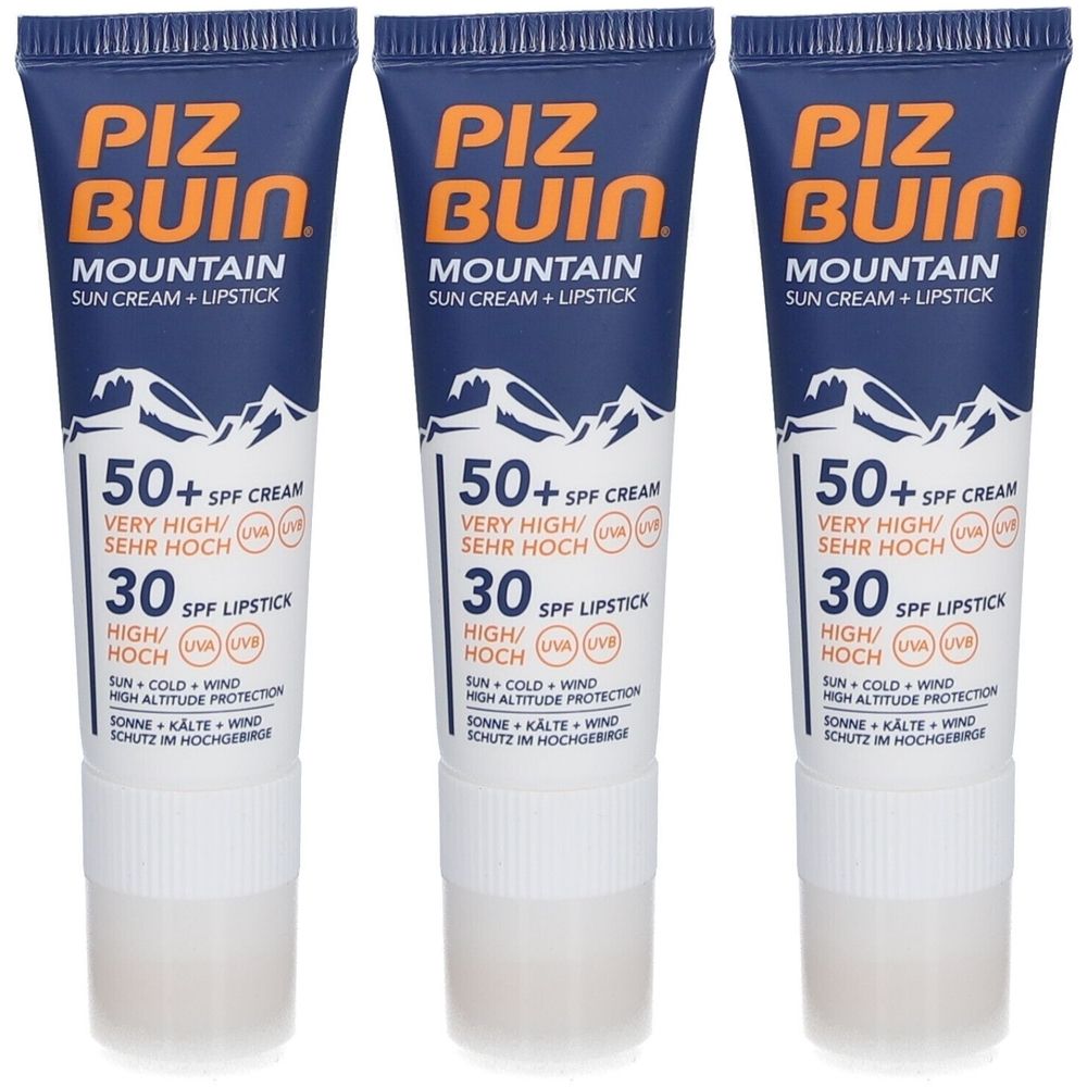 Trois tubes de Piz Buin Mountain crème solaire + stick à lèvres SPF50+. Tube bleu, bouchon blanc. Texte: 50+ SPF Cream, 30 SPF Lipstick.