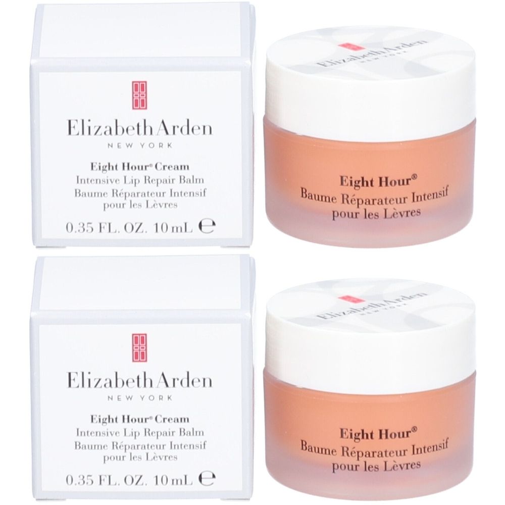 Twee potjes en twee doosjes. Op de potjes staat "Eight Hour Baume Réparateur Intensif pour les Lèvres". Op de doosjes staat "Elizabeth Arden".