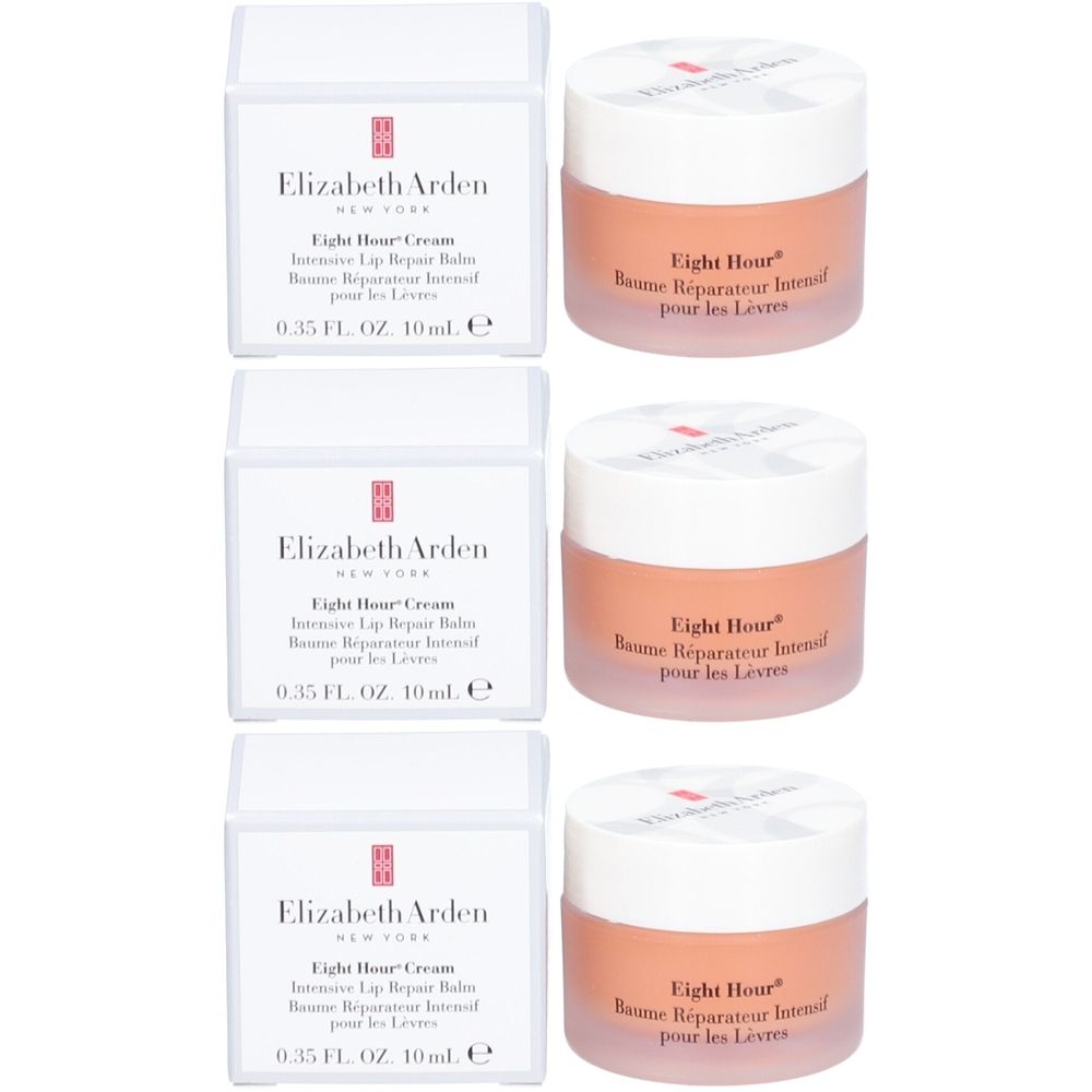 Drie lippenbalsems en drie dozen. Op de potjes staat "Eight Hour". Op de dozen staat "Elizabeth Arden".