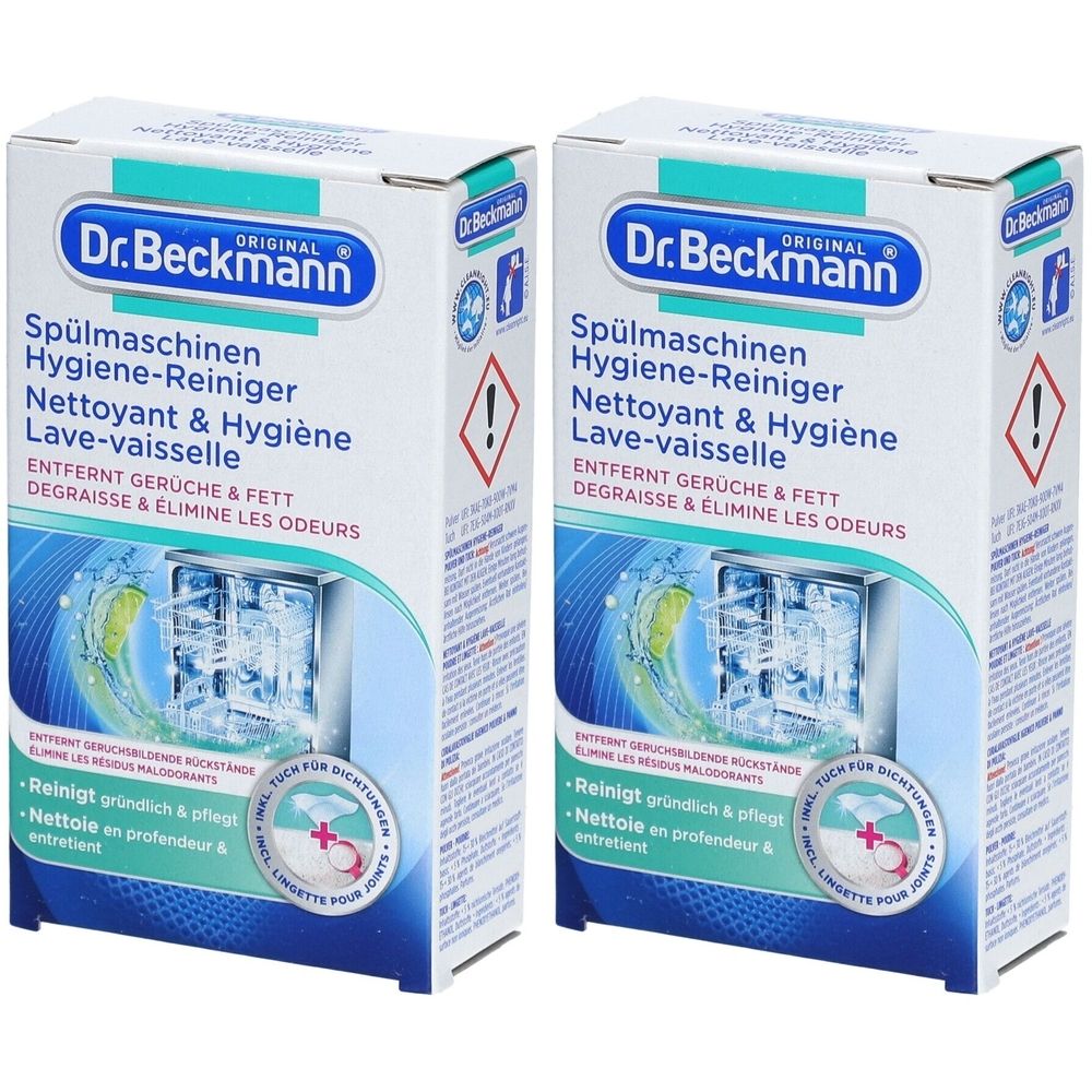 Deux boîtes de nettoyant hygiénique pour lave-vaisselle Dr. Beckmann. Texte: Nettoie en profondeur, élimine les odeurs et la graisse.