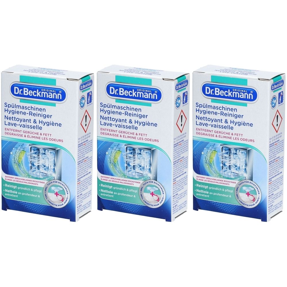 Trois boîtes de produit. Inscription: Dr. Beckmann Nettoyant & Hygiène Lave-vaisselle. Emballage bleu et blanc.
