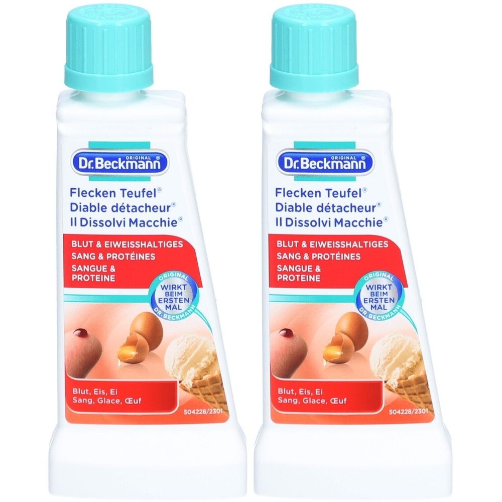 Twee flessen Dr. Beckmann Flecken Teufel. Witte flessen met turquoise doppen. Opschrift: Bloed & Eiwit.